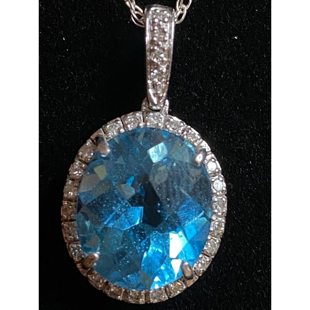 18" Chain Necklace with Blue Topaz and Diamonds Pendant Sterling Silver 925
